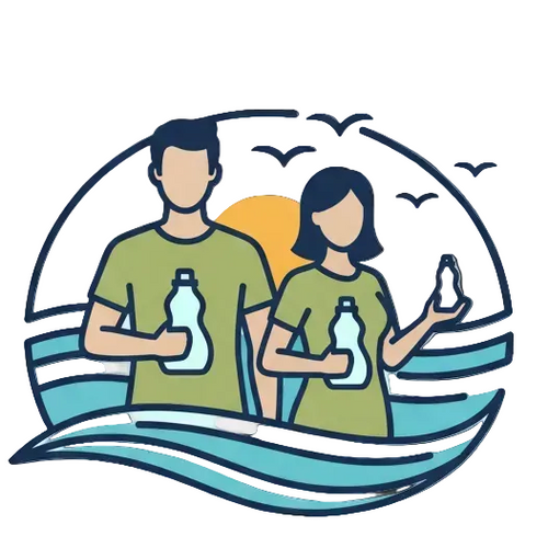 Logo avec homme et femme tenant des gourdes devant la mer